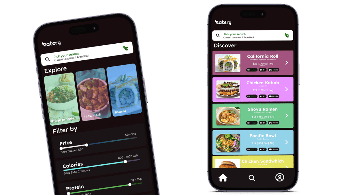 The Eatery App search filter and menu feed page