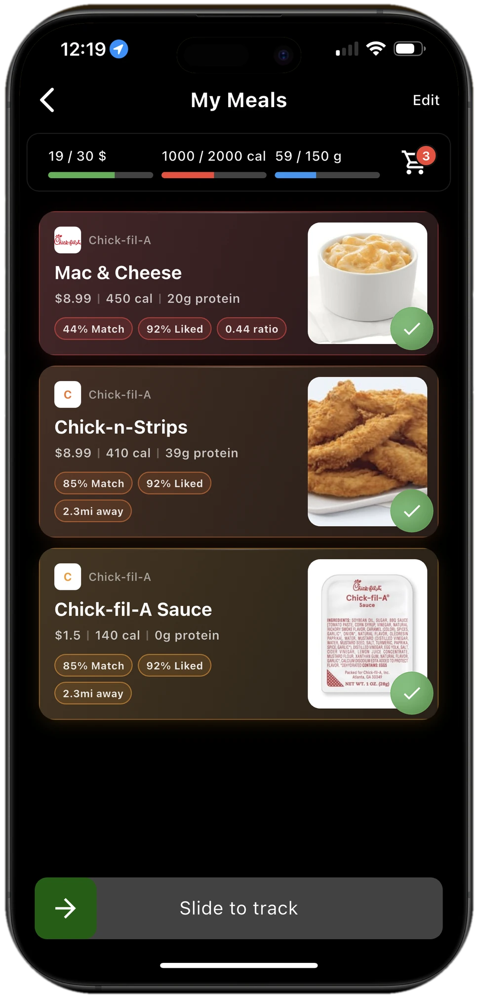 Eatery app My Meals cart — a running total of spend, calories, and protein against daily goals, with a slide-to-track control