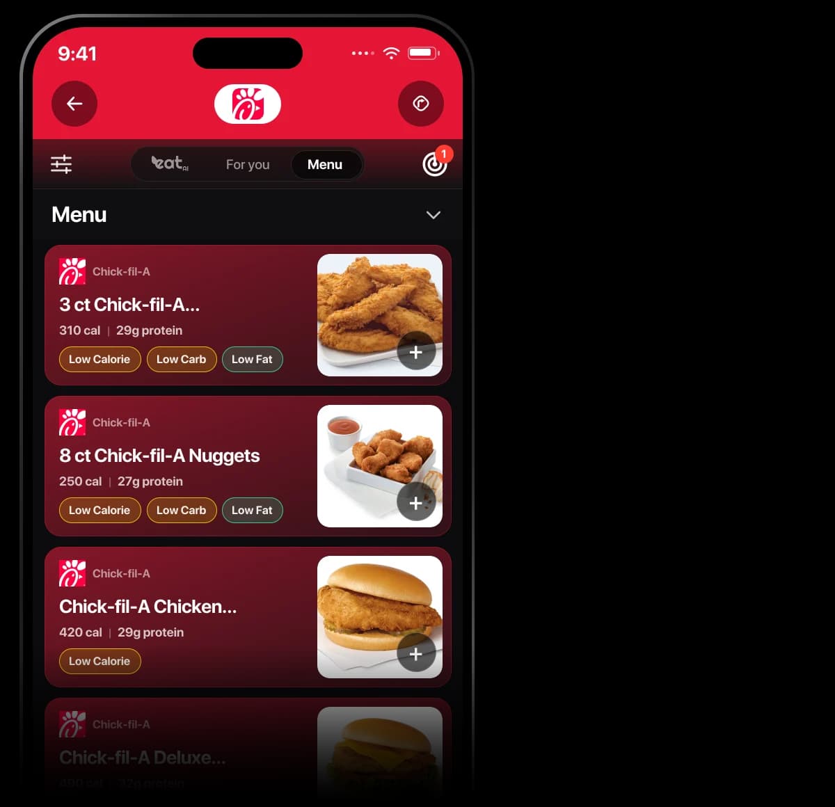 Eatery app with the Goal Mode calorie filter set to Low (1–400 cal) and a Chick-fil-A 8 ct Grilled Nuggets meal card: 130 calories, 25g protein