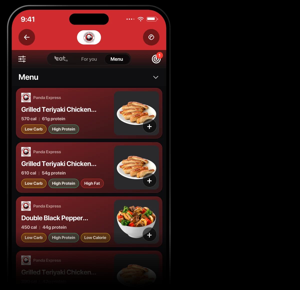 Eatery app with the Goal Mode carbs filter set to Low (1–30g) and a Panda Express Double Grilled Teriyaki Chicken Plate meal card: 690 calories, 78g protein