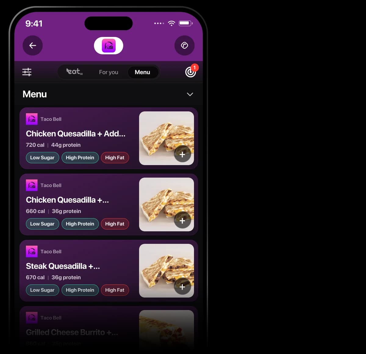 Eatery app with the Goal Mode sugar filter set to Low (0–5g) and a Taco Bell Chicken Quesadilla meal card: 490 calories, 27g protein